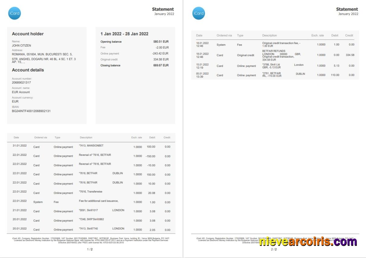 Bulgaria iCard statement 2 pages